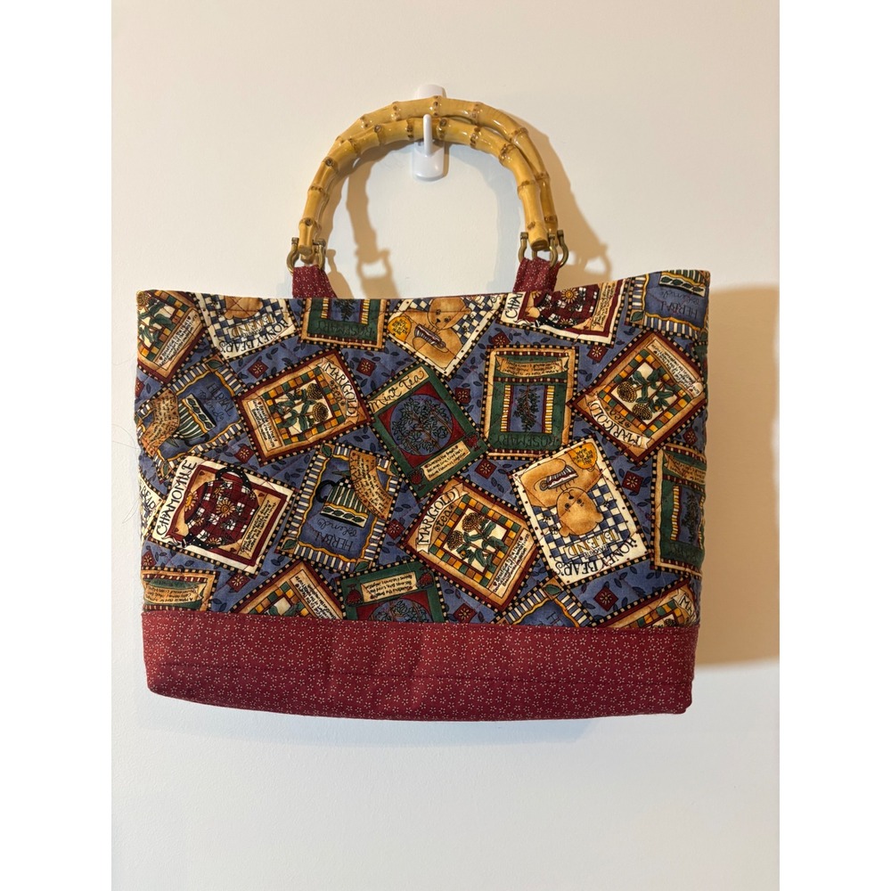 Handmade Quilted Tote Bag Bamboo Handles Herbal Tea Honey Bear Print Botanical